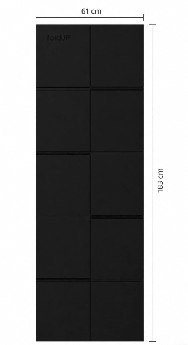 A tall black fold-up movement mat, shown with dimension labels reading 61 cm wide and 183 cm tall on a white background.